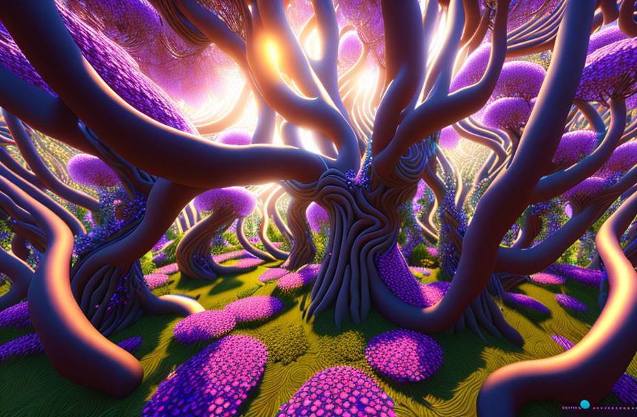 Colorful alien landscape with twisted purple trees and pink foliage under a vibrant sky.