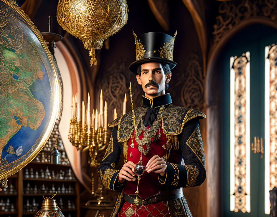 Dignified man in ornate uniform with top hat by large globe in Gothic room