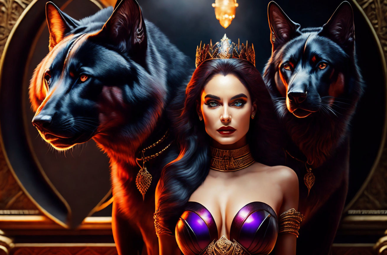 Regal woman with crown and majestic dogs in dramatic painterly style