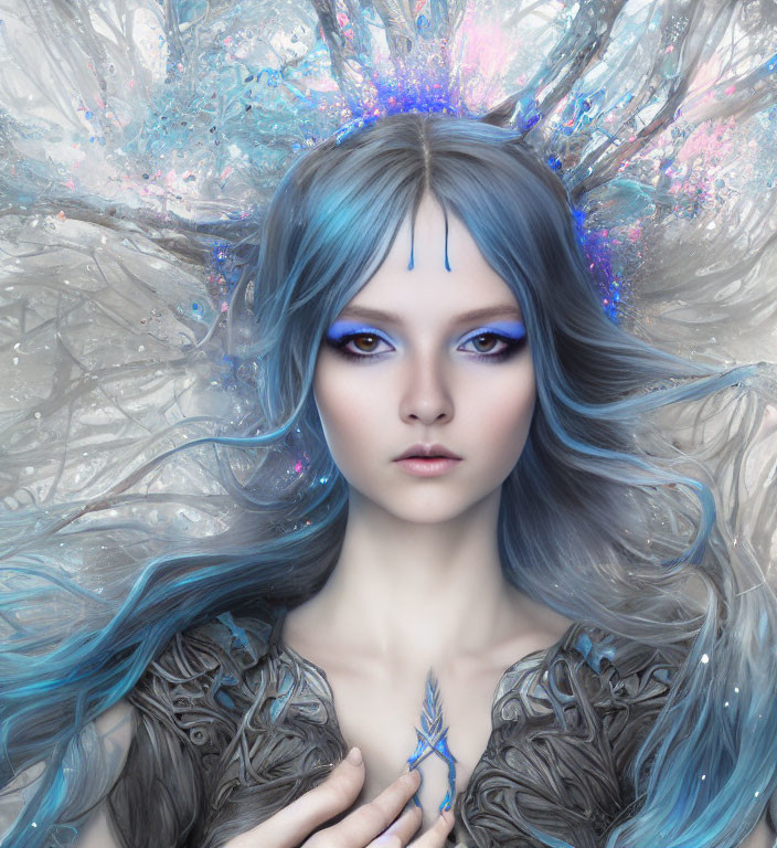 Fantasy image: Female figure with blue hair, crown of crystals, and luminous eyes