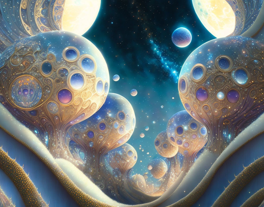 Surreal cosmic landscape with ornate mushroom-like structures