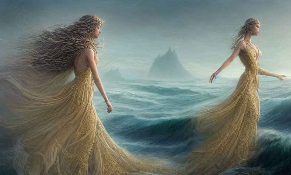 Ethereal women in golden gowns walking on ocean waves with misty mountains.