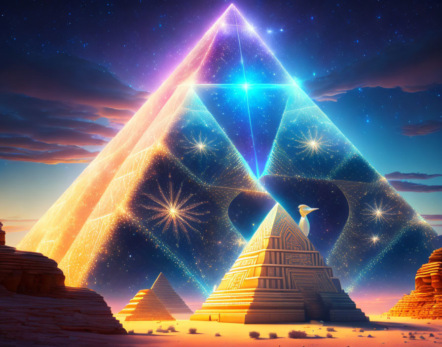 Digital artwork: Glowing pyramids under night sky