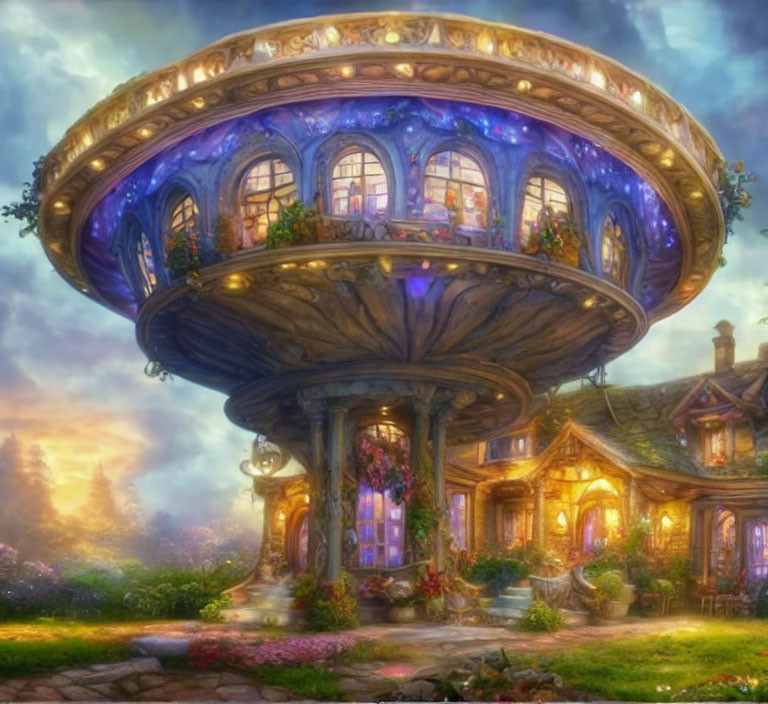 Fantasy mushroom-shaped house at sunset in lush garden