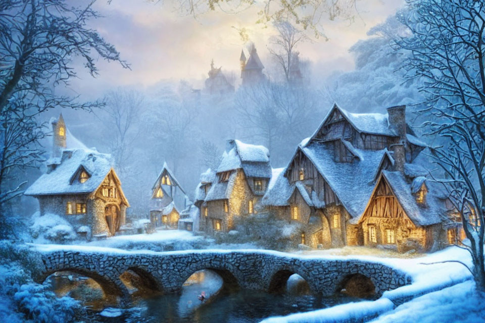 Snow-covered cottages and stone bridge in serene winter scene with glowing lights and distant castle.