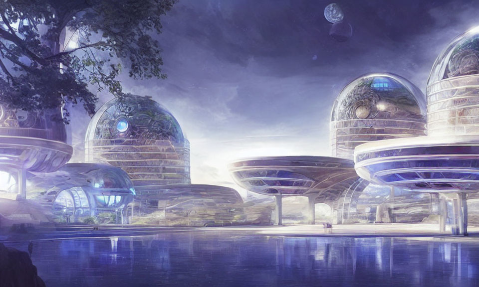 Futuristic cityscape with dome-like buildings by water and celestial sky