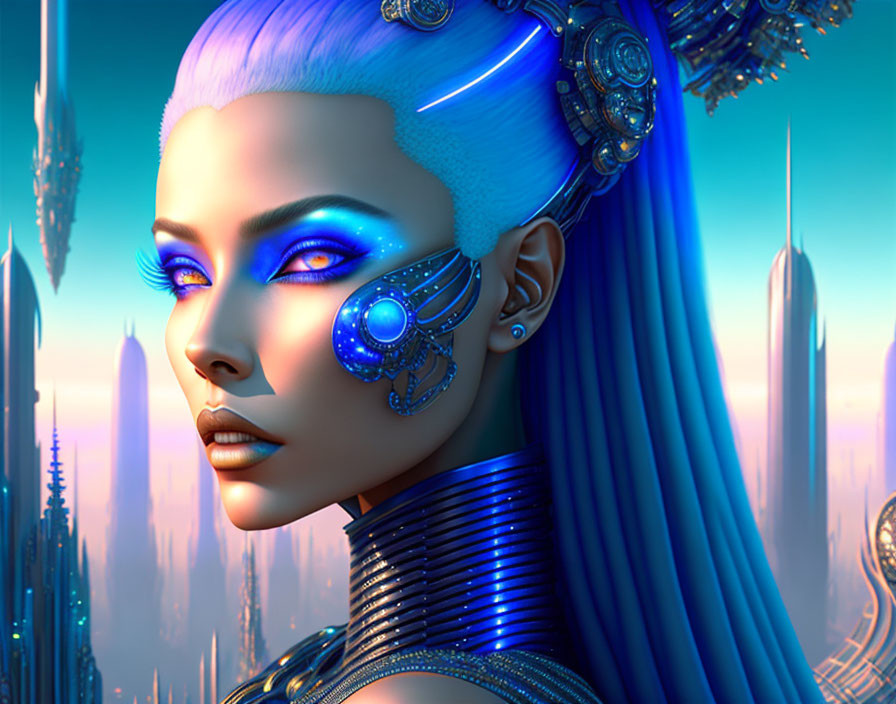 Female android with blue neon lights and cybernetic enhancements in futuristic cityscape