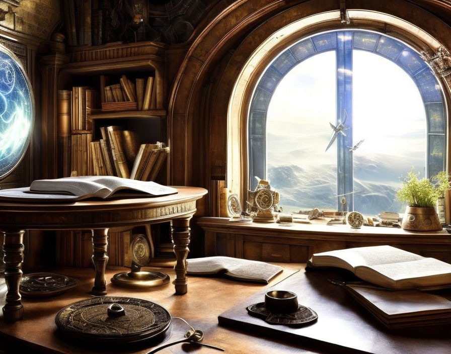 Vintage-style study with books, celestial globe, clock, and parchment by round window.