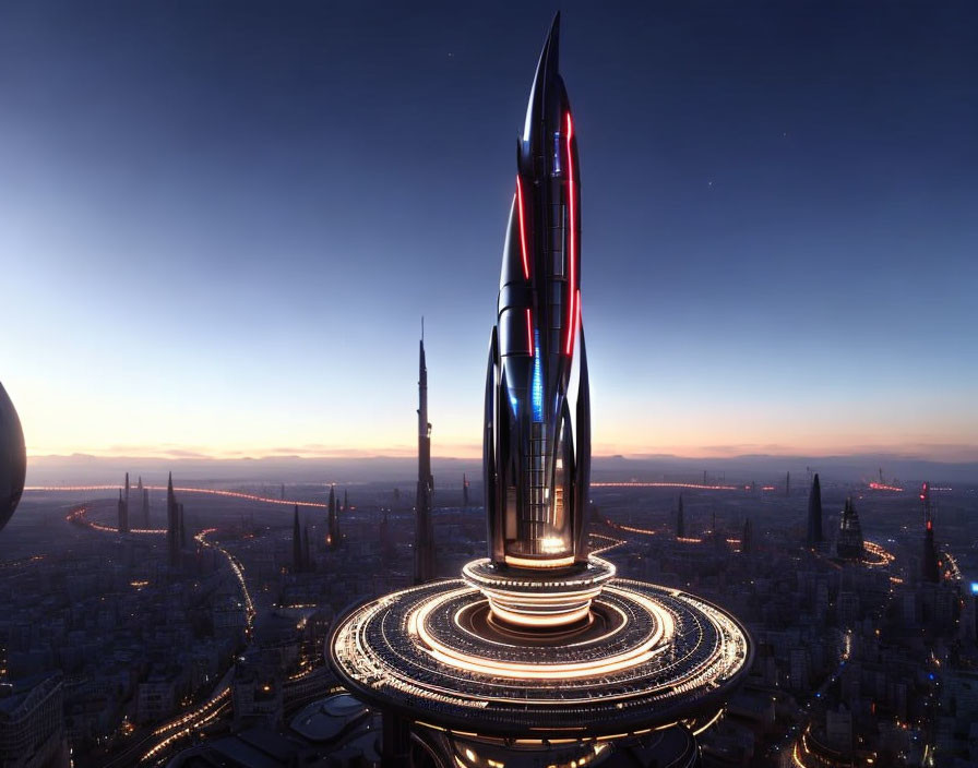 Futuristic skyscraper dominates cityscape at dusk