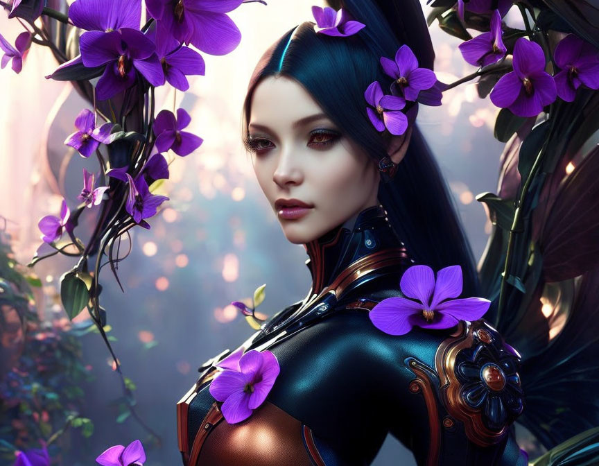 Digital artwork: Female figure with blue hair, adorned with purple flowers, in futuristic armor, against mystical