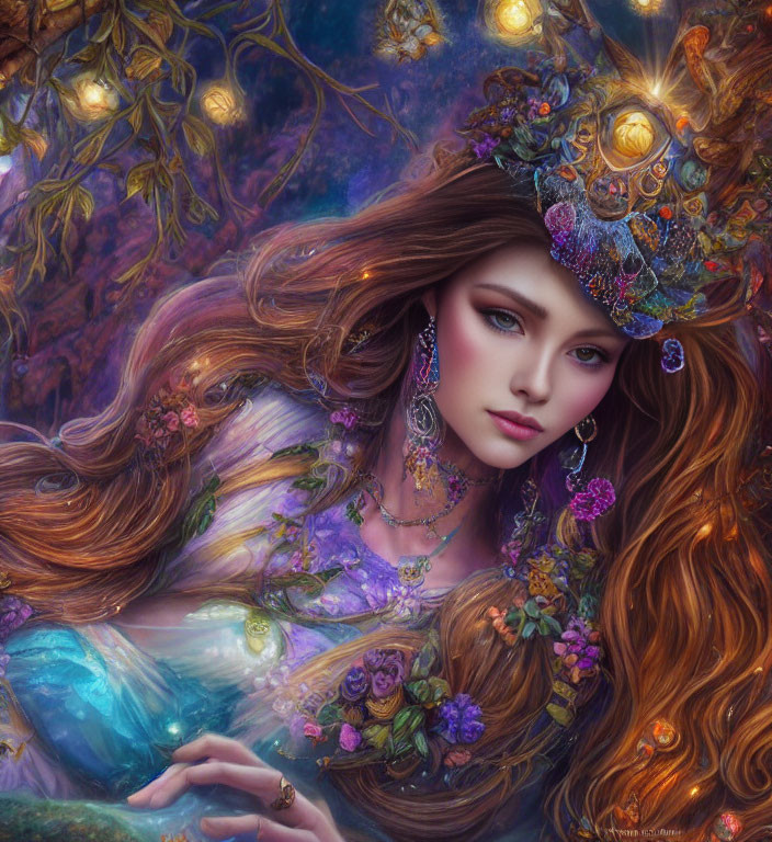 Fantastical image: Woman with flowing hair, jewels, and flowers in vibrant nature backdrop