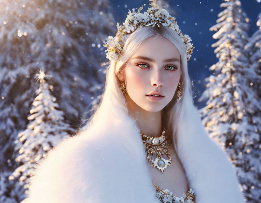 Fair-skinned woman in floral crown and fur cloak in snowy forest setting.