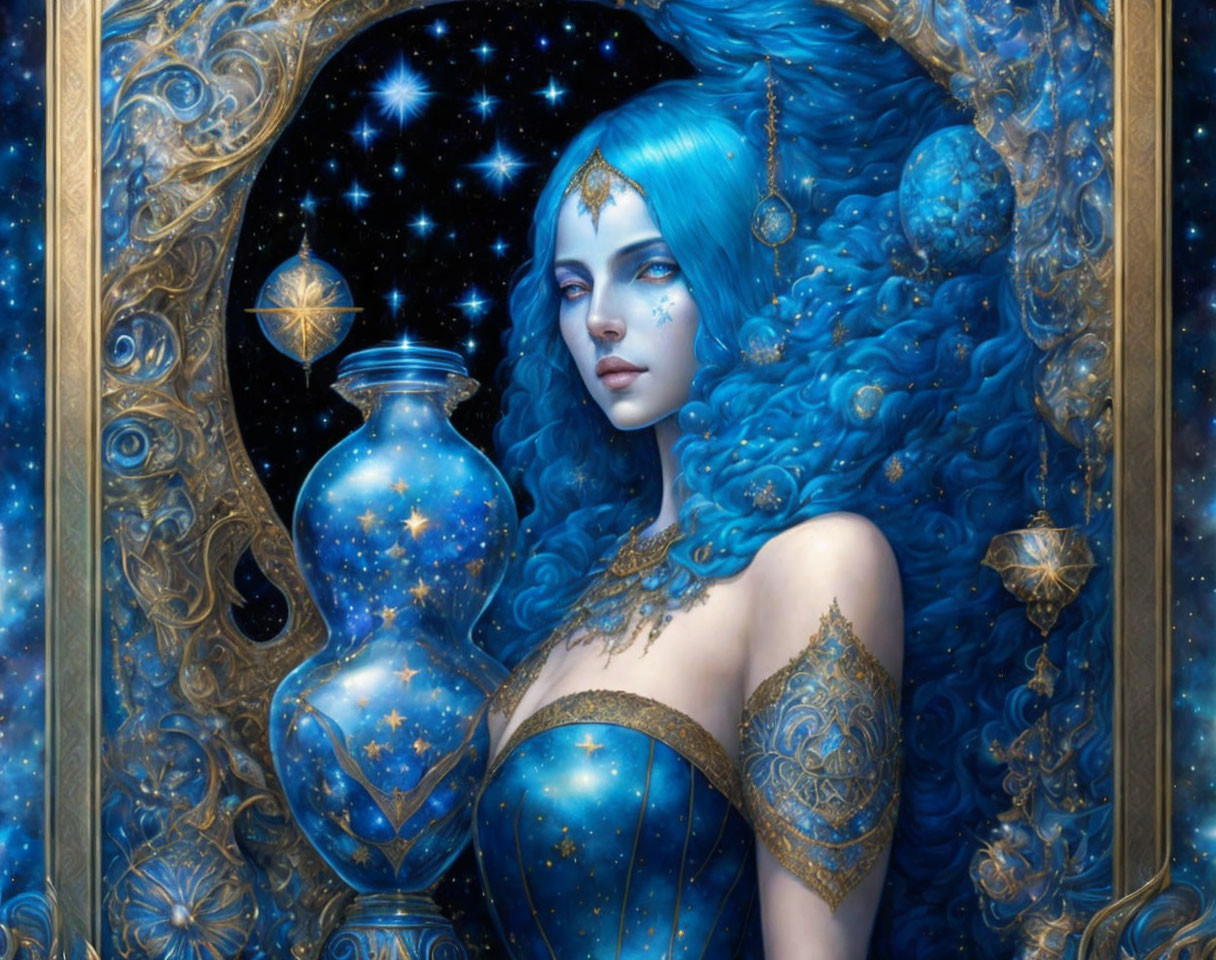 Fantastical image: Woman with blue hair in ornate golden attire holding star-filled bottle under star