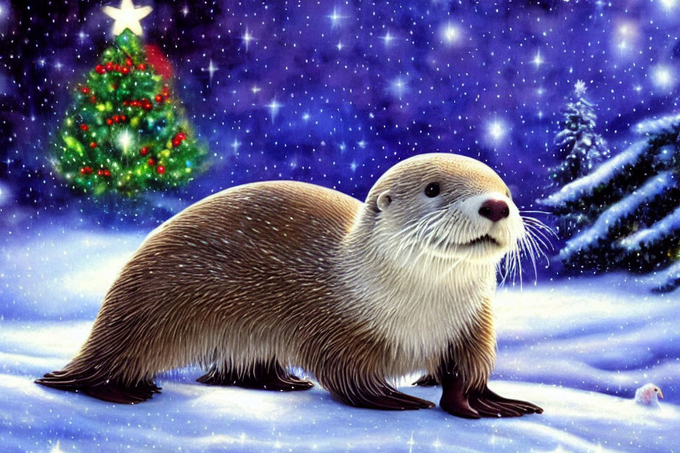 Otter in snowy Christmas scene with tree and snowflakes