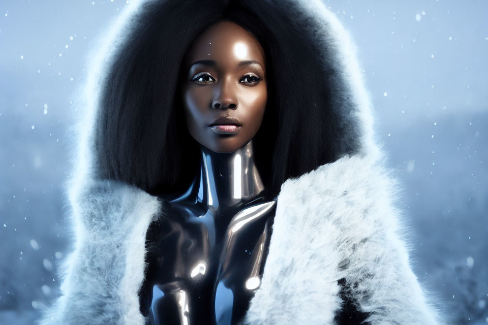 Dark-haired woman in futuristic suit & fur coat against snowy backdrop