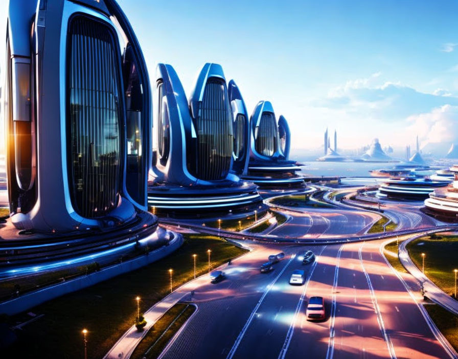 Futuristic cityscape with sleek, curving buildings and multi-level roadways at twilight