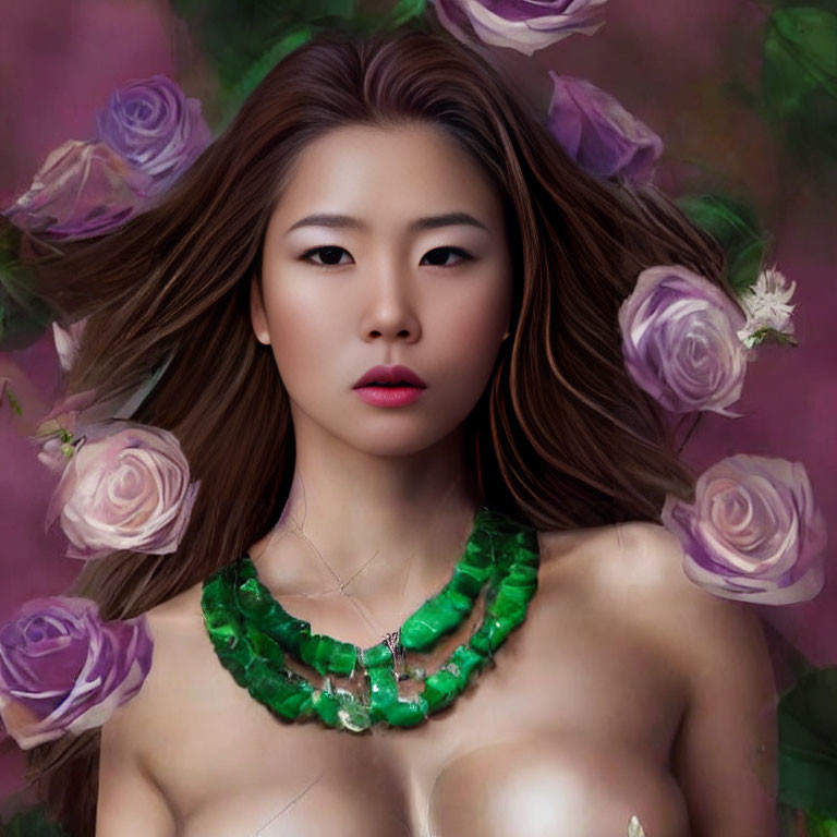 Woman with flowing hair and green necklace among purple roses