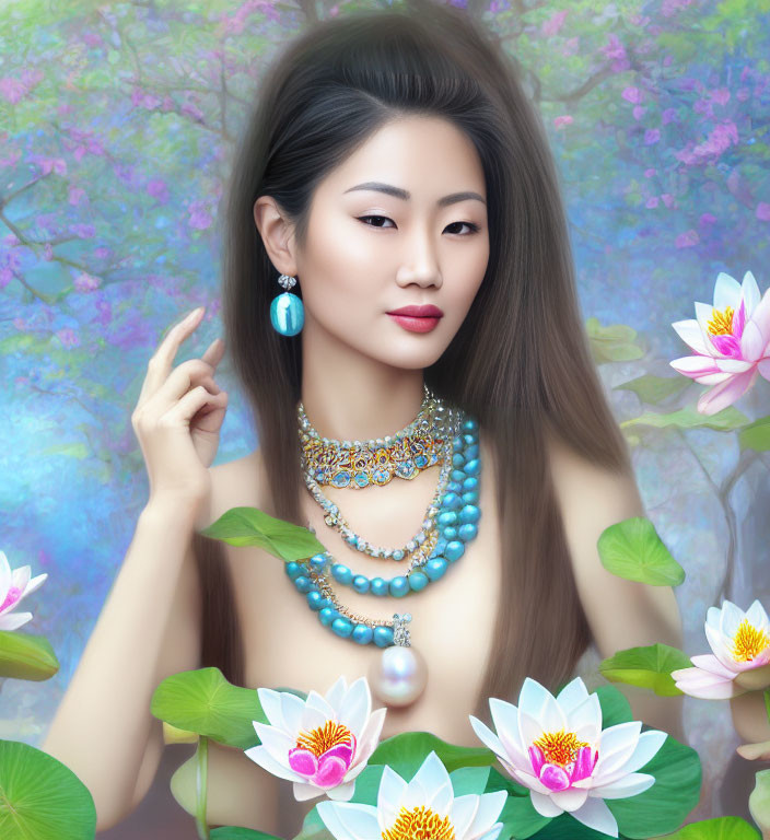 Dark-haired woman in turquoise jewelry among pink blooms and lotus flowers