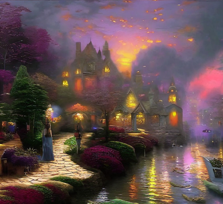 Vibrant fantasy scene: person by waterway, lit pathways, lush trees