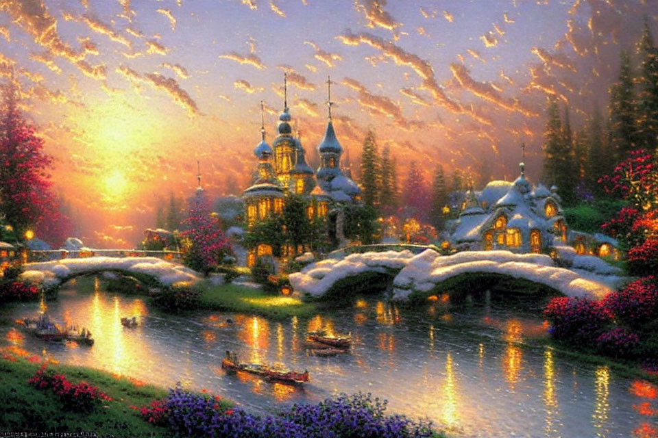 Snow-covered bridge and church with golden domes in vibrant flower-filled landscape at sunset
