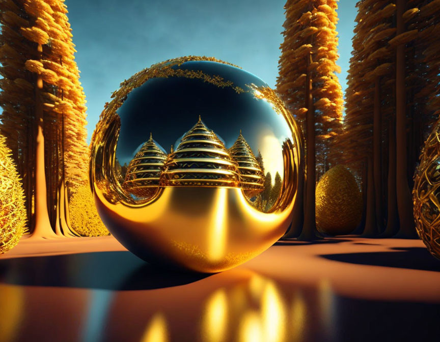Golden sphere with intricate designs in golden tree forest at sunrise/sunset