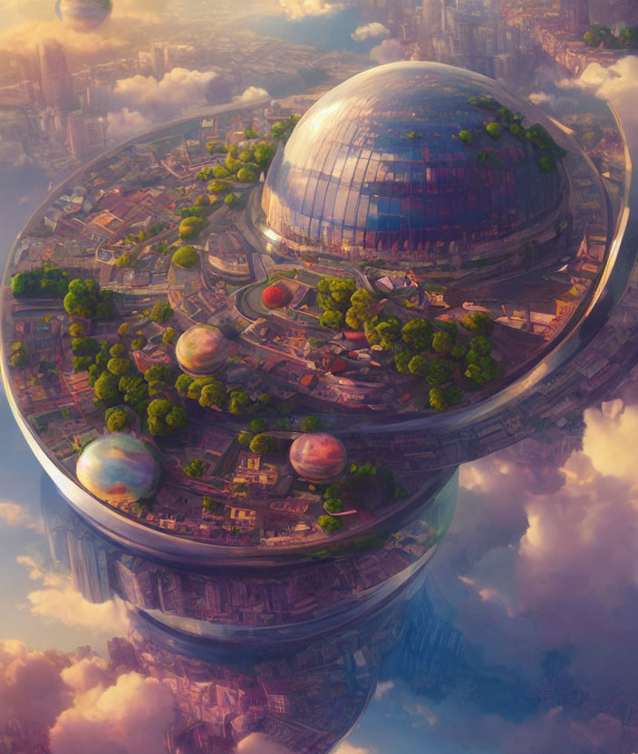 Futuristic city with spherical structures and greenery in golden sky