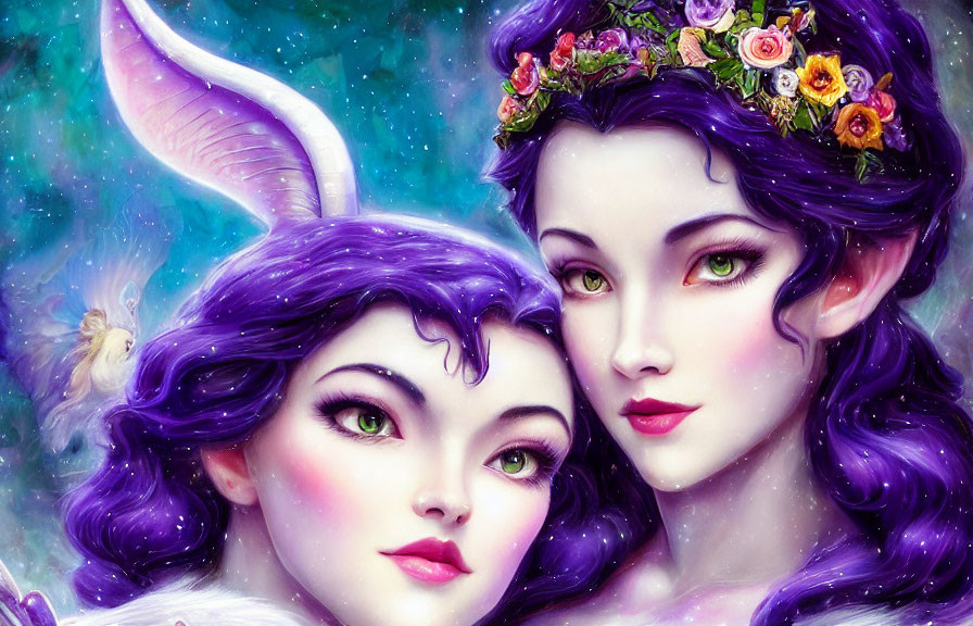 Fantasy Artwork: Two Female Characters with Purple Hair and Rabbit Ears in Floral Crowns