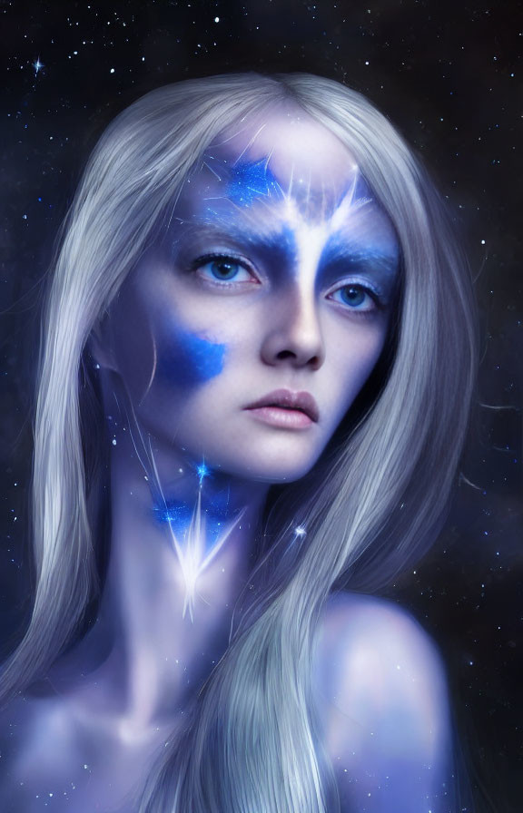 Person with Long Blonde Hair and Galaxy-Inspired Makeup