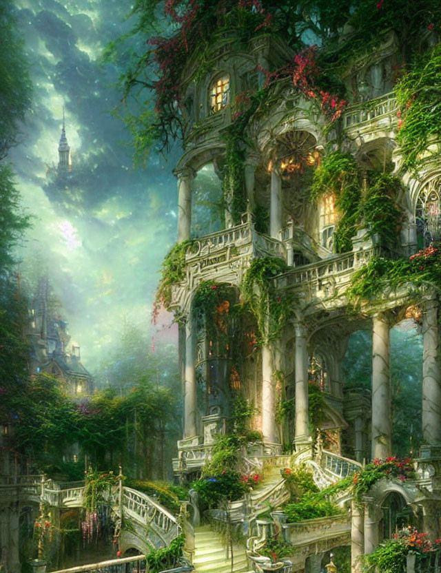 Overgrown palace with ivy, flowers, arches, and balconies in mystical setting
