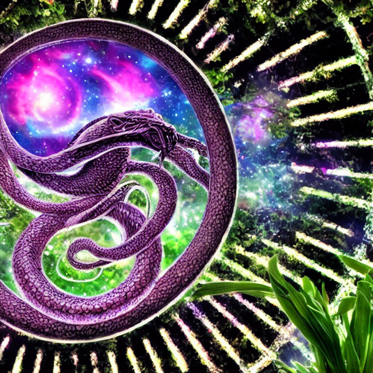Purple snake in circular frame surrounded by lush greenery and cosmic background