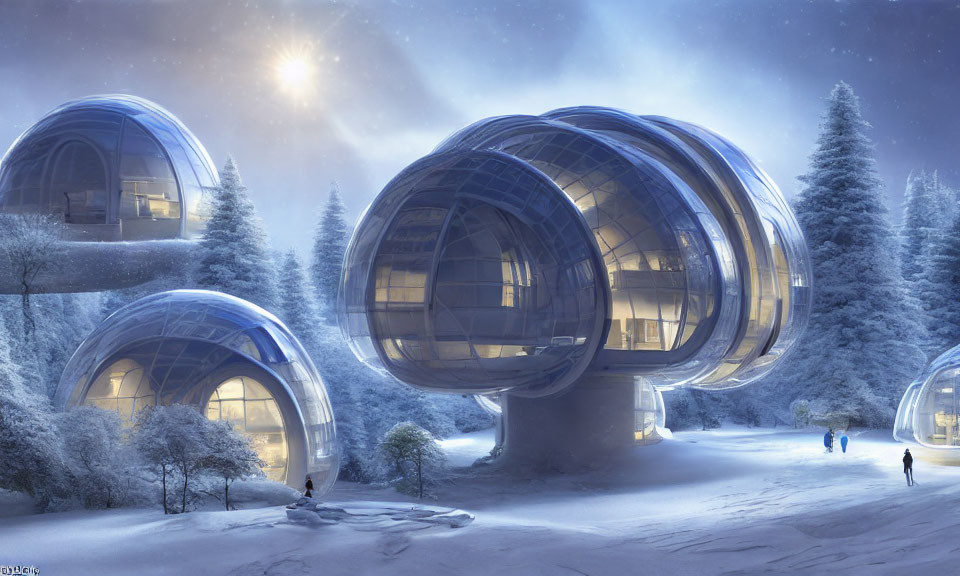 Futuristic domed structures in snowy landscape with stars and people.