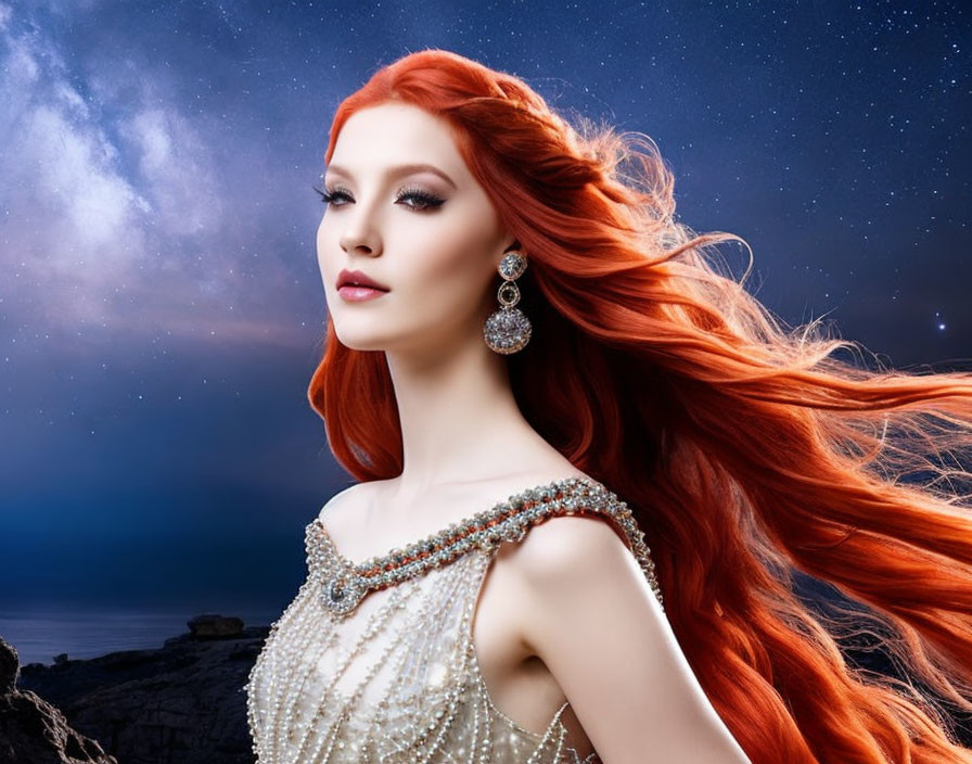 Red-haired woman in pearl dress under night sky