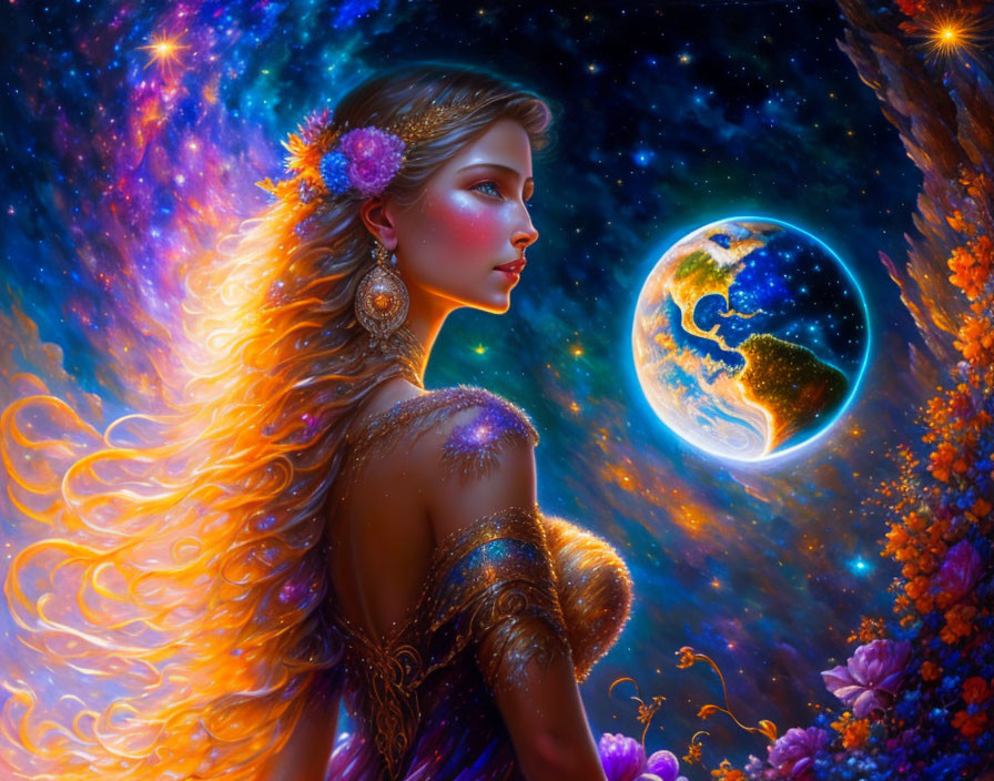 Illustration of woman with golden hair and flowers, gazing at Earth in cosmic scene