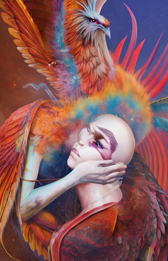 Surreal image of woman with vibrant feathers cradling majestic phoenix