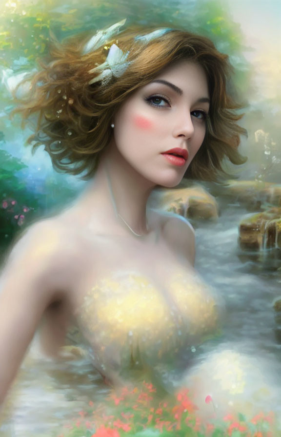 Portrait of woman with short wavy hair and white flower in dreamy background.