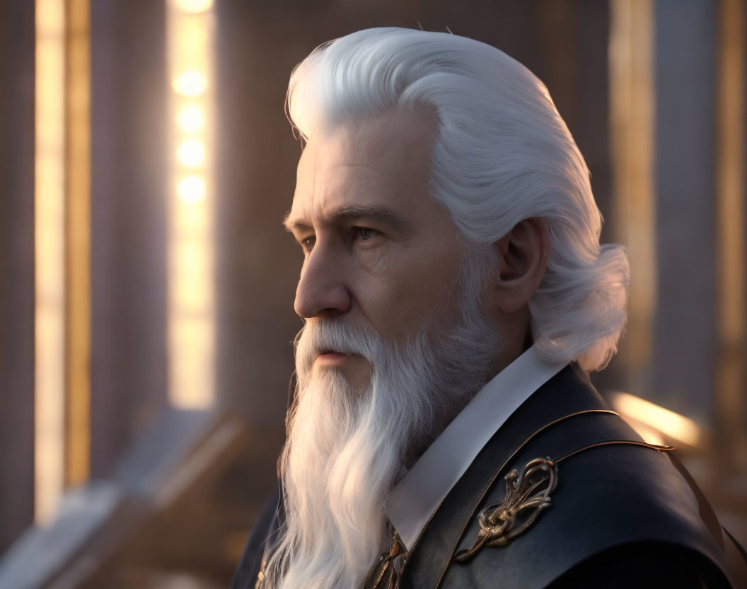 Elderly man in white beard and military uniform gazes into distance