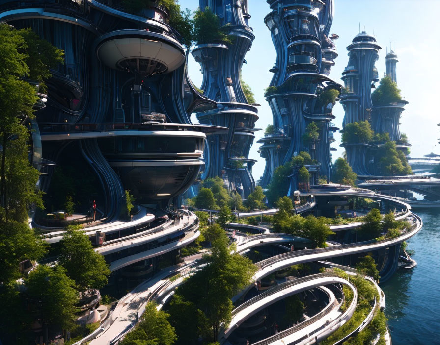 Futuristic cityscape with towering structures and advanced architecture amid lush greenery