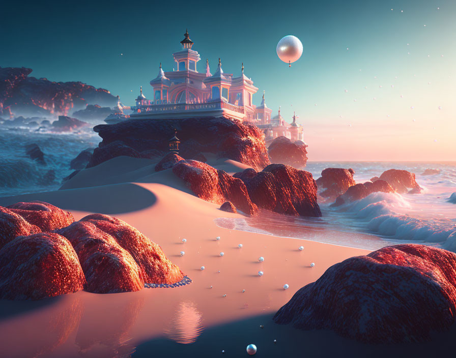 Fantasy coastal landscape with palace, glowing orbs, large moon, red rock beach at sunset