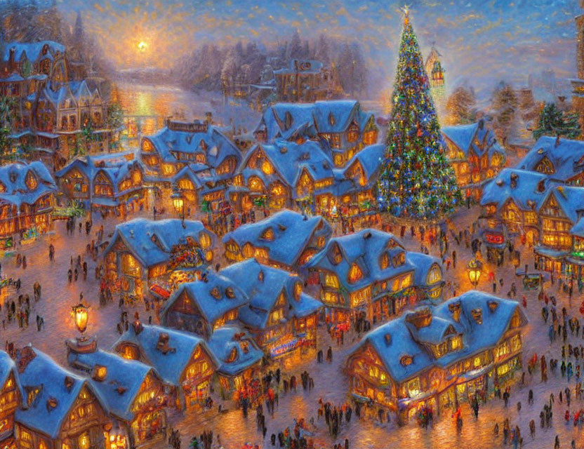 Snowy Winter Village with Christmas Tree and Festive Atmosphere