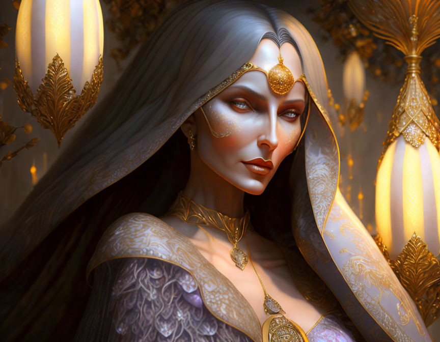 Fantastical woman with silver hair and gold jewelry in golden light.