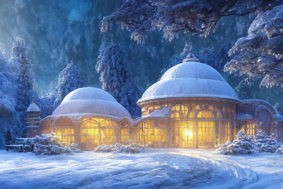 Winter scene: Snow-covered glass domes glowing in twilight with trees.