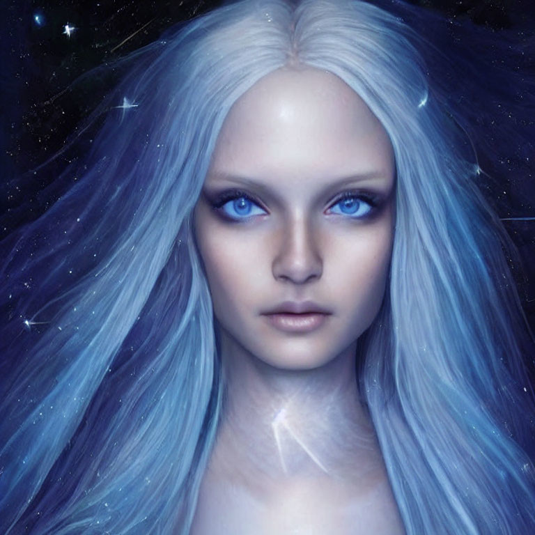 Digital illustration: Female figure with pale blue hair merging into starry night sky