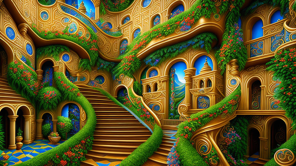 Intricate golden palace with intertwining staircases and vibrant foliage