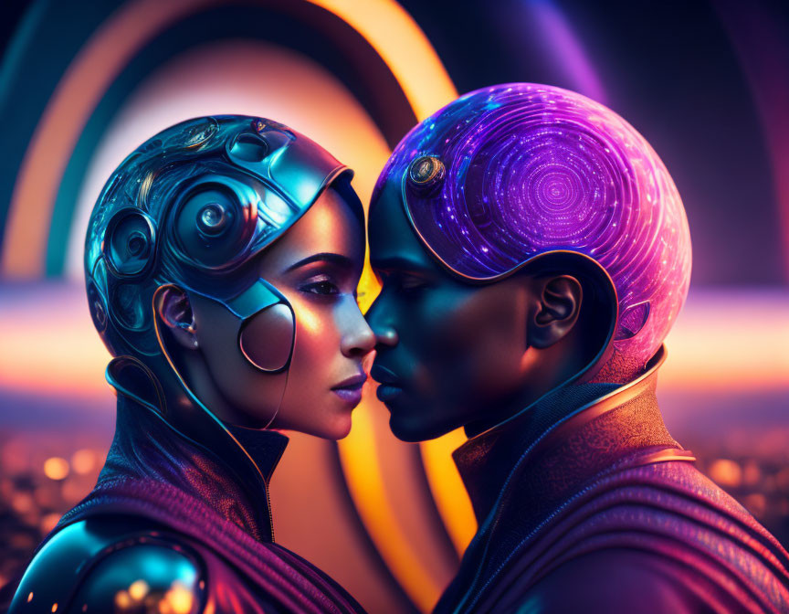 Futuristic androids with intricate head designs in neon-lit setting
