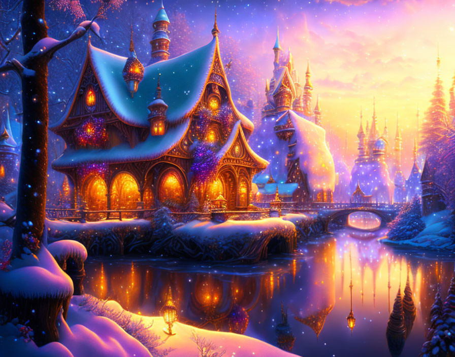 Snow-covered fantasy buildings and serene river in magical winter scene