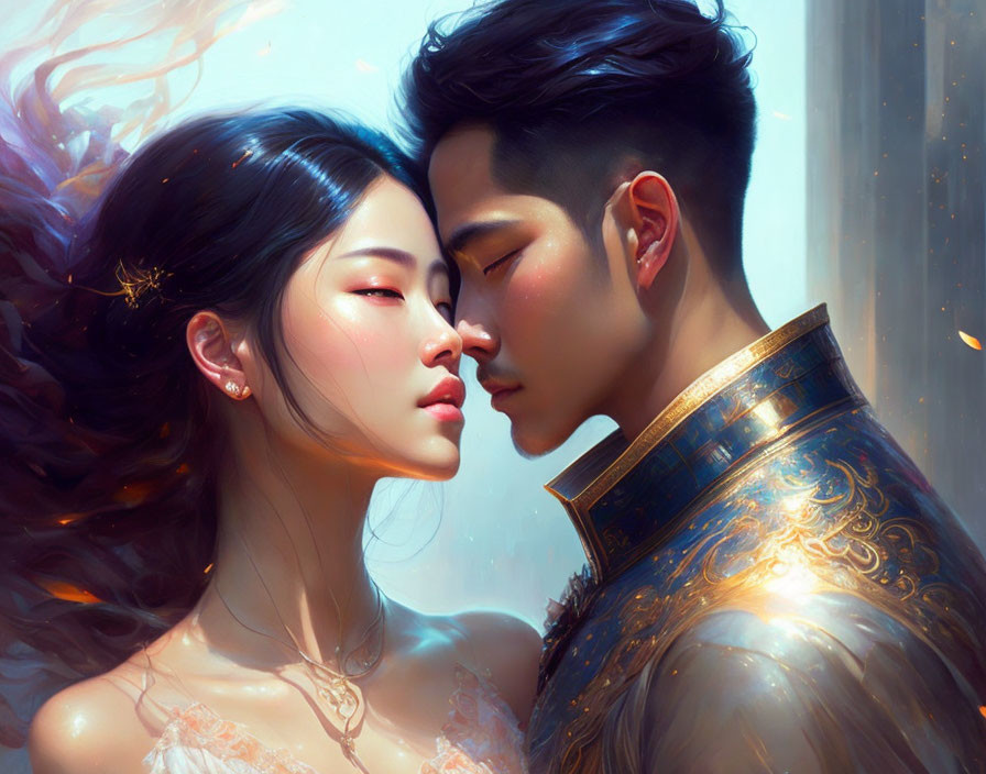 Digital painting of man and woman in regal East Asian attire with magical ambiance.