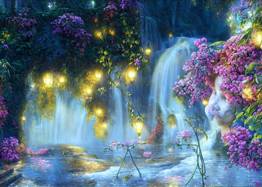 Enchanting Waterfall Scene with Glowing Lights and Purple Flowers
