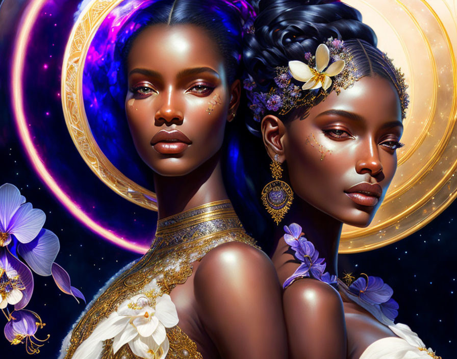 Illustrated Women with Dark Skin, Golden Jewelry, Purple Flowers, and Cosmic Background