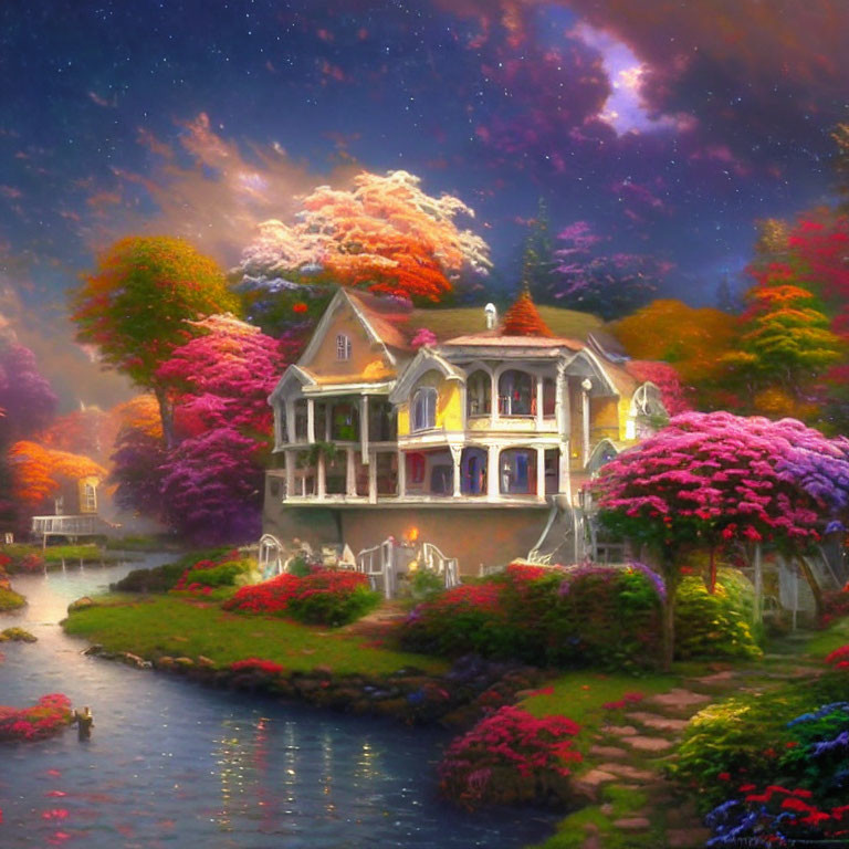 Victorian house with colorful trees under cotton-candy sky by serene river