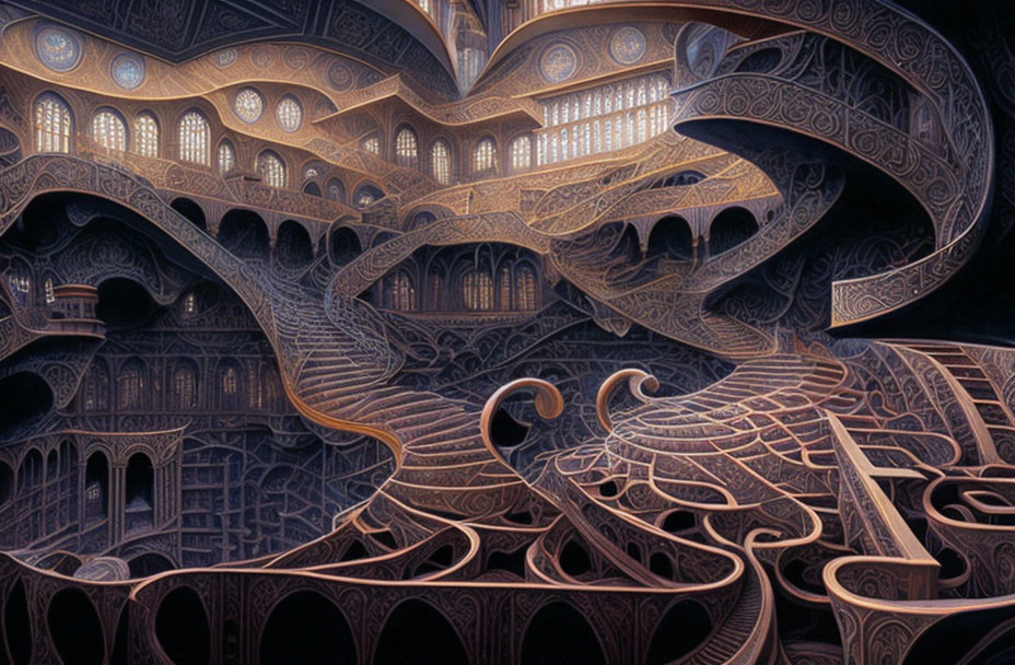 Intricate Indoor Landscape with Swirling Pathways and Arches